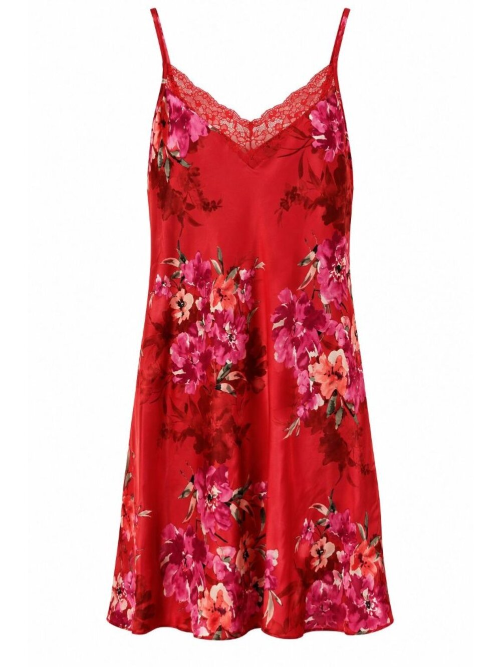 NWT Linea Donatella Satin Chemise Lace Trim Sz S Red Floral Lingerie Sleepwear